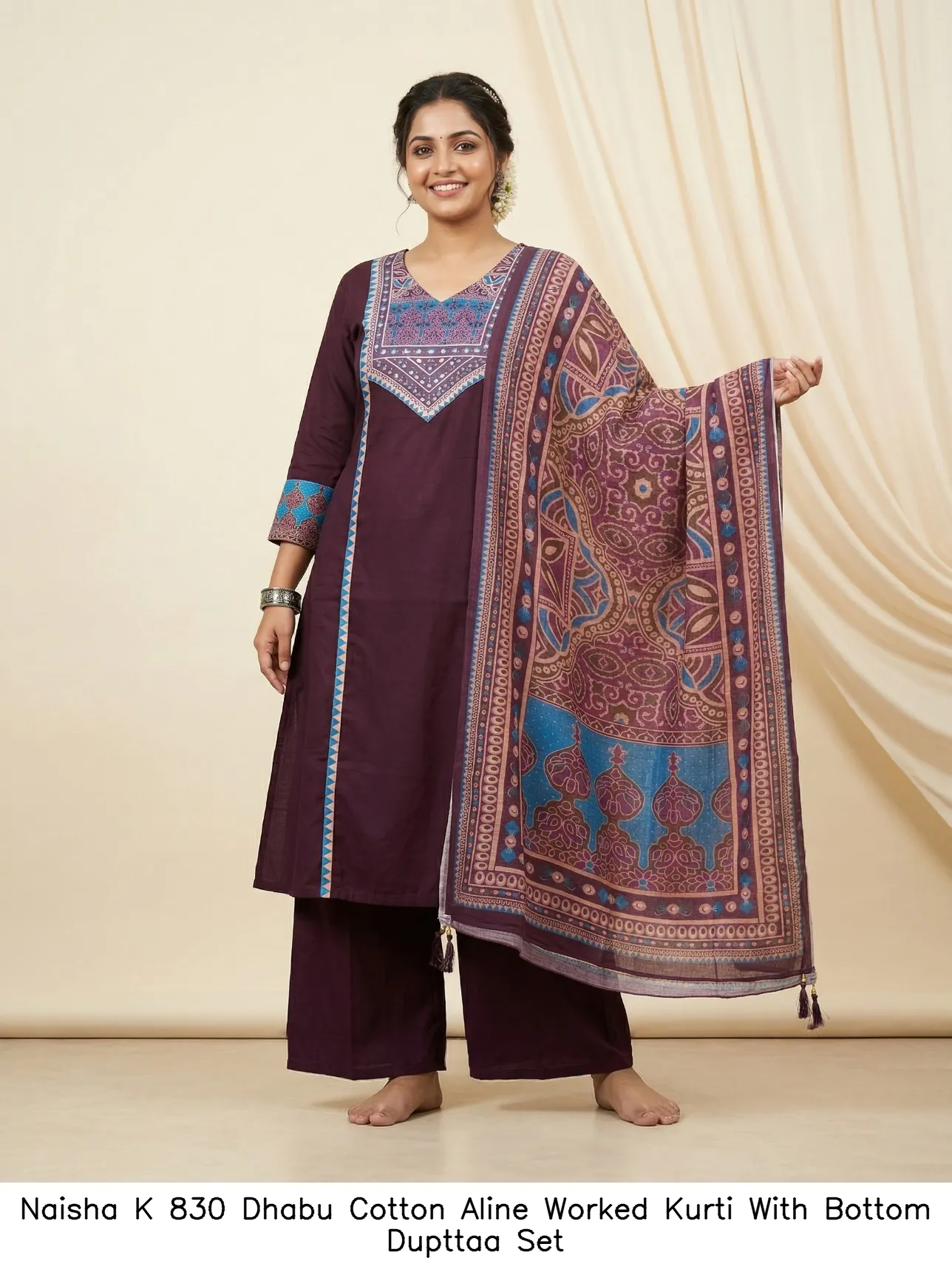 Naisha K 830 Dhabu Cotton Aline Worked Kurti With Bottom Dupttaa Set — Wholesale Kurti With Bottom Dupatta, Naisha wholesale from Surat - Gallery Image 14
