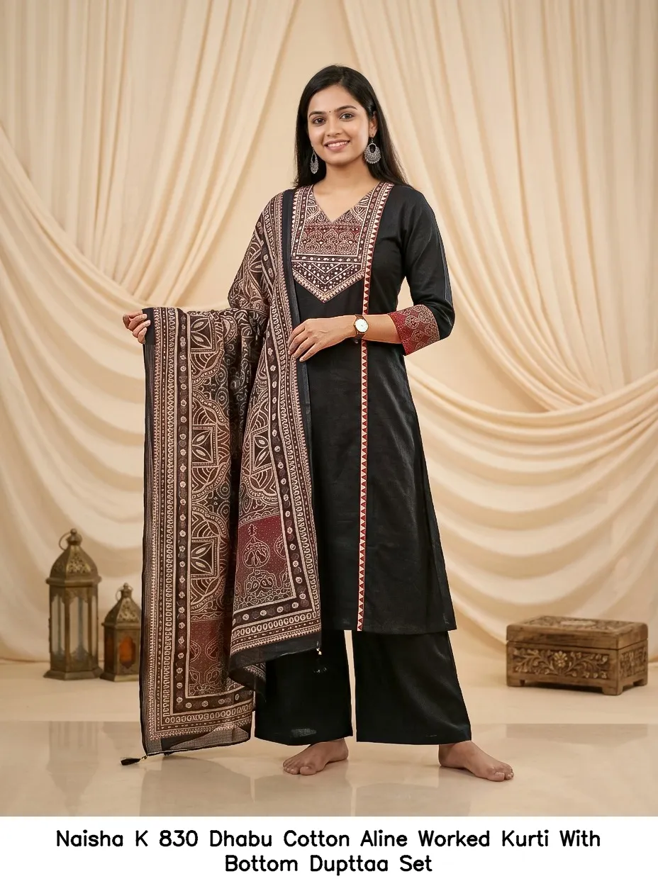 Naisha K 830 Dhabu Cotton Aline Worked Kurti With Bottom Dupttaa Set — Wholesale Kurti With Bottom Dupatta, Naisha wholesale from Surat — view 15