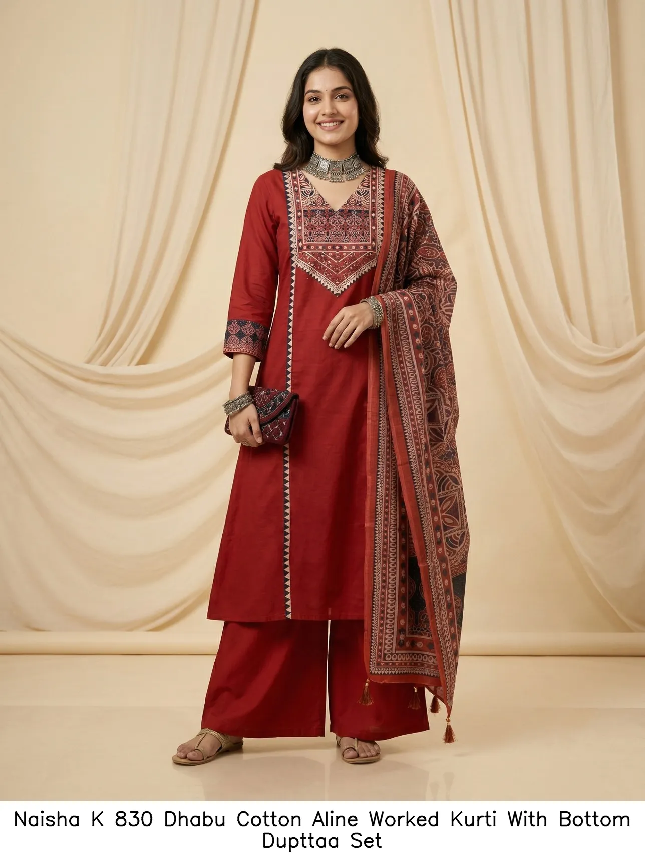 Naisha K 830 Dhabu Cotton Aline Worked Kurti With Bottom Dupttaa Set — Wholesale Kurti With Bottom Dupatta, Naisha wholesale from Surat - Gallery Image 2