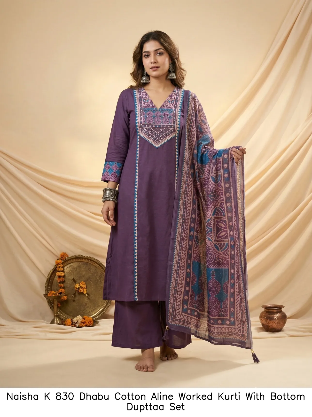 Naisha K 830 Dhabu Cotton Aline Worked Kurti With Bottom Dupttaa Set — Wholesale Kurti With Bottom Dupatta, Naisha wholesale from Surat - Gallery Image 3