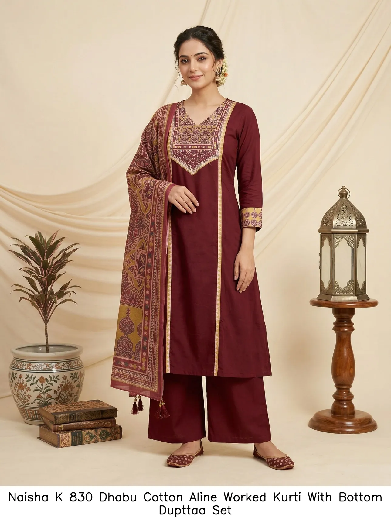 Naisha K 830 Dhabu Cotton Aline Worked Kurti With Bottom Dupttaa Set — Wholesale Kurti With Bottom Dupatta, Naisha wholesale from Surat - Gallery Image 4