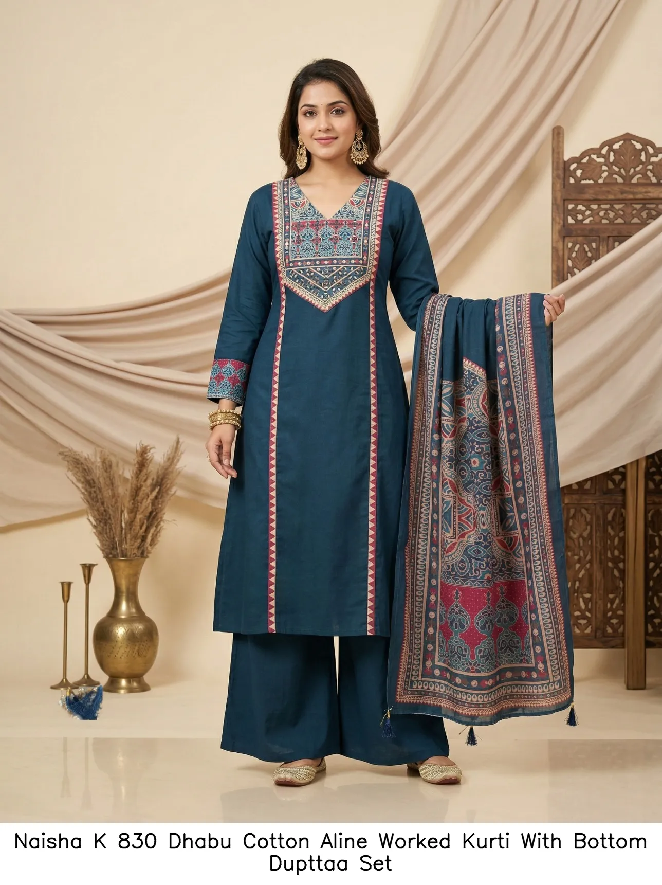 Naisha K 830 Dhabu Cotton Aline Worked Kurti With Bottom Dupttaa Set — Wholesale Kurti With Bottom Dupatta, Naisha wholesale from Surat - Gallery Image 5