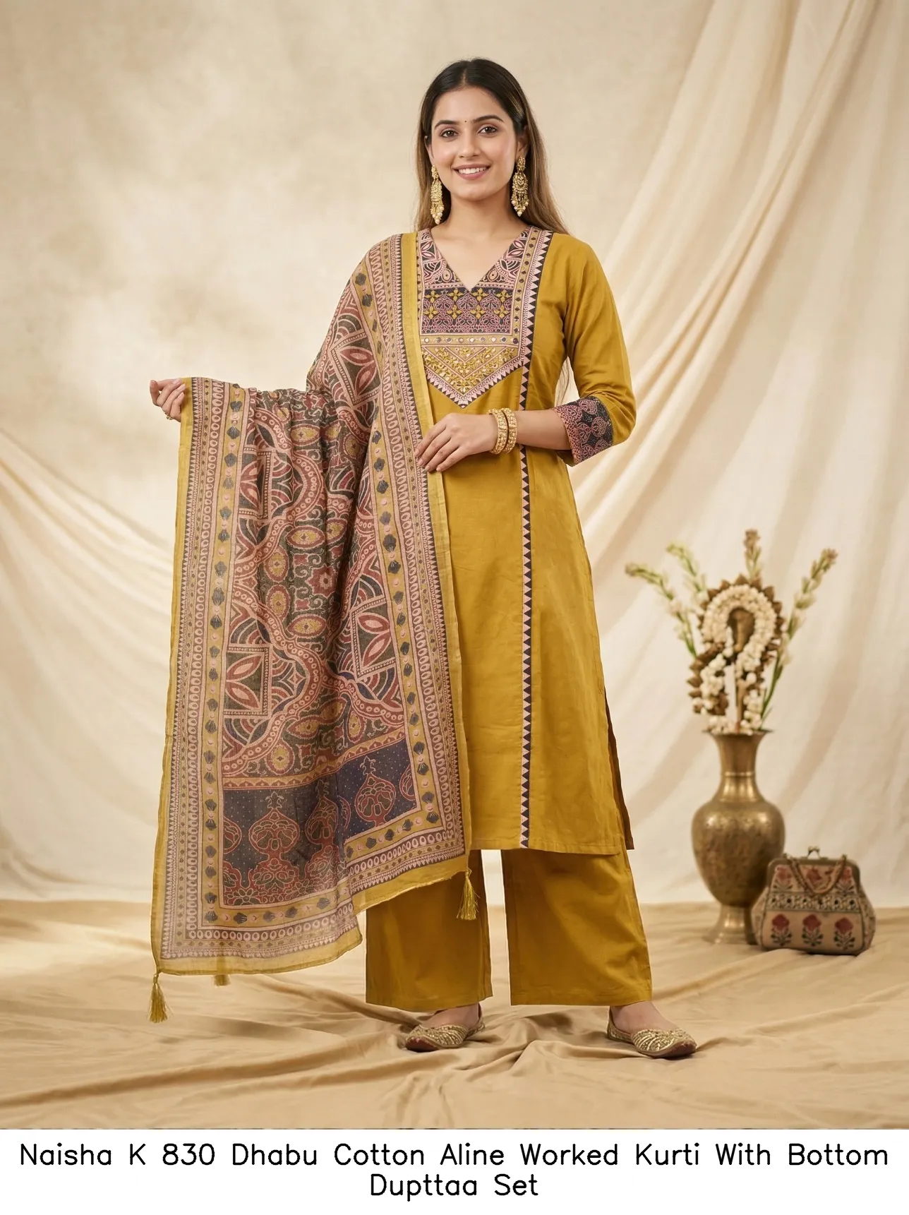 Naisha K 830 Dhabu Cotton Aline Worked Kurti With Bottom Dupttaa Set — Wholesale Kurti With Bottom Dupatta, Naisha wholesale from Surat - Gallery Image 6