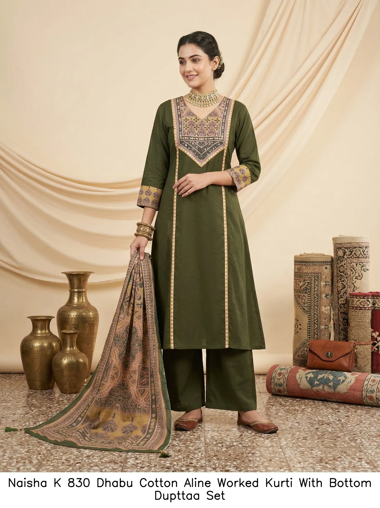Naisha K 830 Dhabu Cotton Aline Worked Kurti With Bottom Dupttaa Set — Wholesale Kurti With Bottom Dupatta, Naisha wholesale from Surat - Gallery Image 7