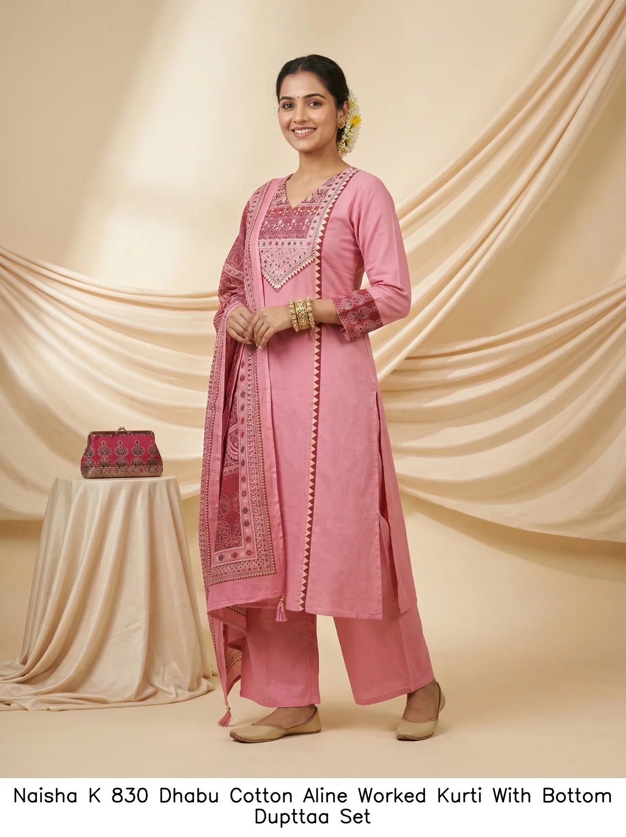 Naisha K 830 Dhabu Cotton Aline Worked Kurti With Bottom Dupttaa Set — Wholesale Kurti With Bottom Dupatta, Naisha wholesale from Surat - Gallery Image 8