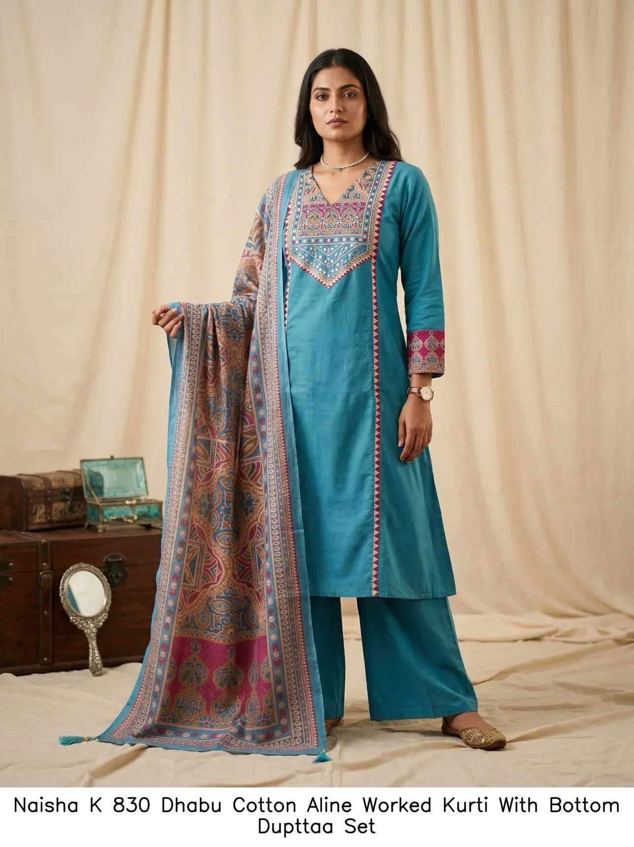 Naisha K 830 Dhabu Cotton Aline Worked Kurti With Bottom Dupttaa Set — Wholesale Kurti With Bottom Dupatta, Naisha wholesale from Surat - Gallery Image 9
