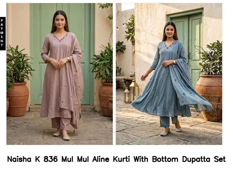 Naisha K 836 Mul Mul Aline Kurti With Bottom Dupatta Set — Wholesale Anarkali Suits, Naisha wholesale from Surat - Gallery Image 2