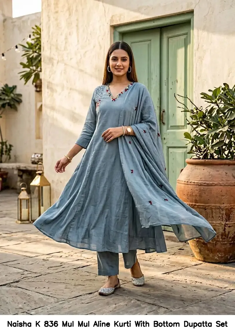 Naisha K 836 Mul Mul Aline Kurti With Bottom Dupatta Set — Wholesale Anarkali Suits, Naisha wholesale from Surat — view 3