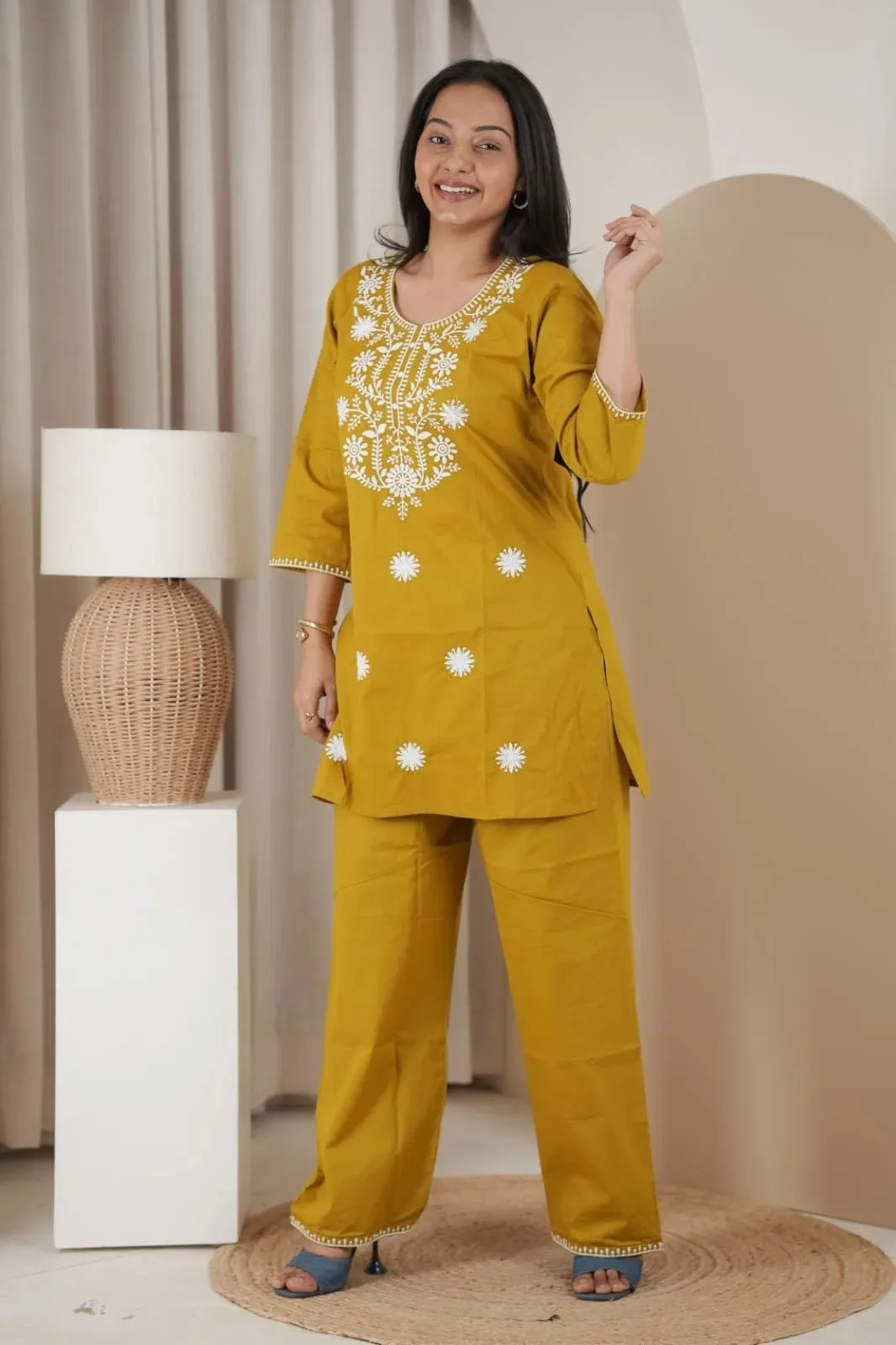 Naisha K 837 Cotton Lucknowi Embroidered Kurti With Bottom Set