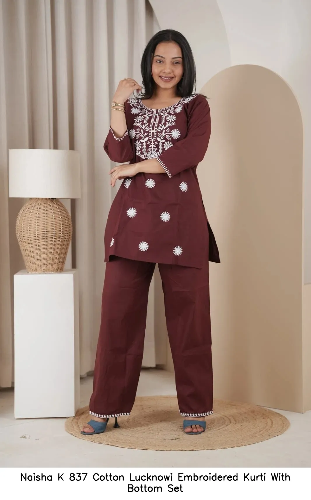 Naisha K 837 Cotton Lucknowi Embroidered Kurti With Bottom Set — Wholesale Cotton Kurti Pant Set, Naisha wholesale from Surat - Gallery Image 2
