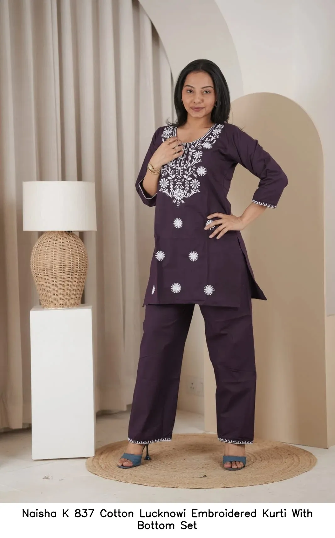 Naisha K 837 Cotton Lucknowi Embroidered Kurti With Bottom Set — Wholesale Cotton Kurti Pant Set, Naisha wholesale from Surat - Gallery Image 3