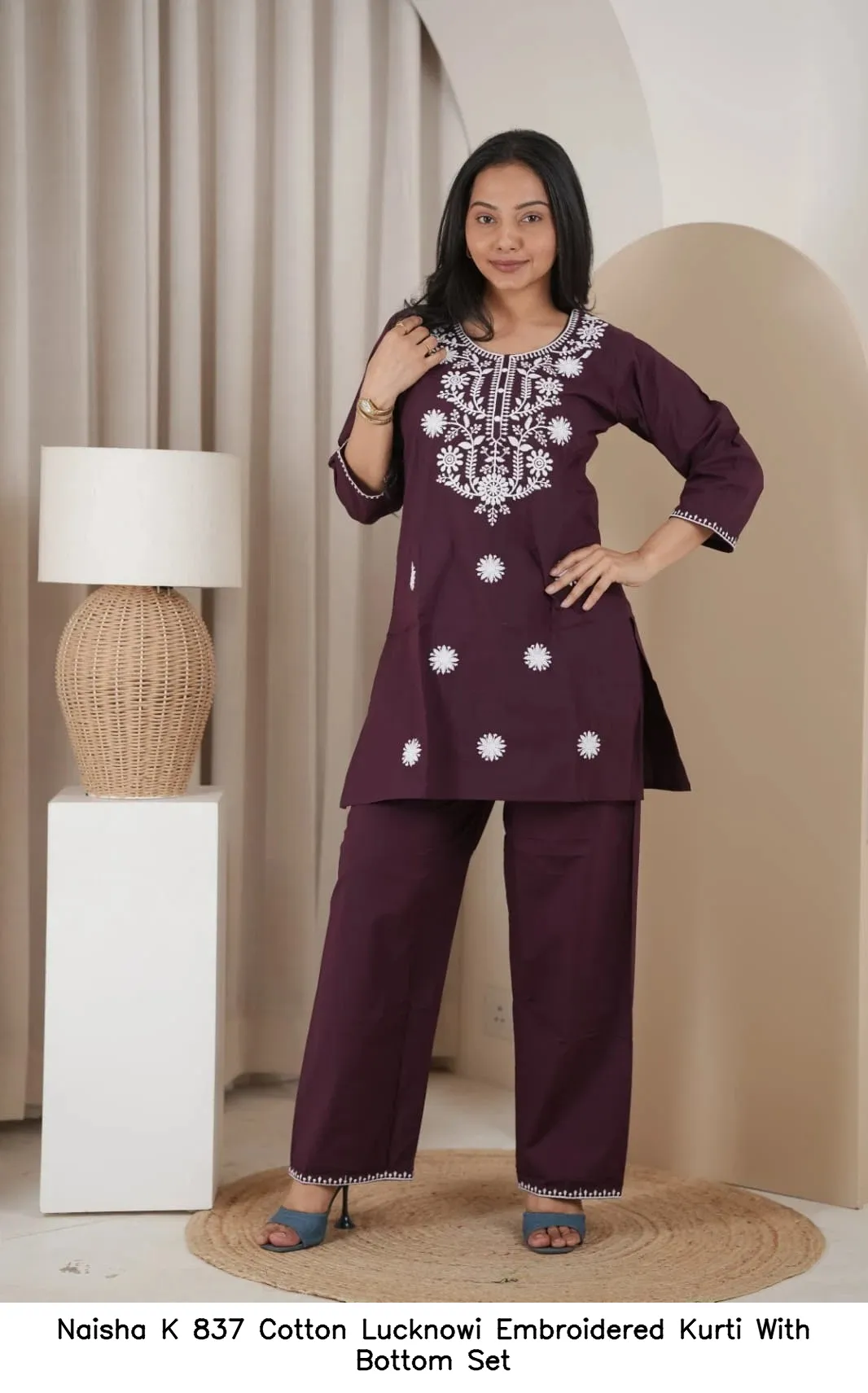 Naisha K 837 Cotton Lucknowi Embroidered Kurti With Bottom Set — Wholesale Cotton Kurti Pant Set, Naisha wholesale from Surat - Gallery Image 4