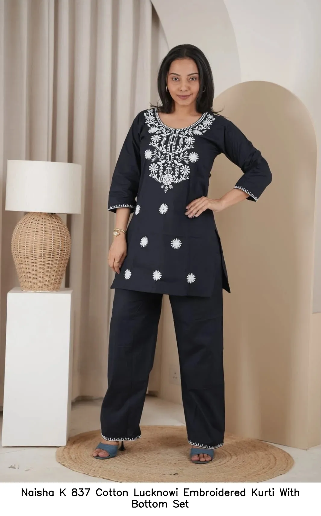 Naisha K 837 Cotton Lucknowi Embroidered Kurti With Bottom Set — Wholesale Cotton Kurti Pant Set, Naisha wholesale from Surat - Gallery Image 5
