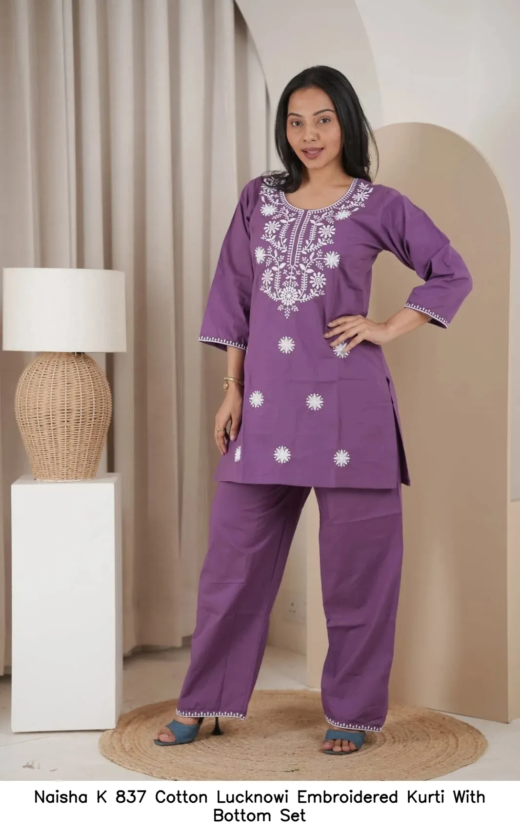 Naisha K 837 Cotton Lucknowi Embroidered Kurti With Bottom Set — Wholesale Cotton Kurti Pant Set, Naisha wholesale from Surat - Gallery Image 6