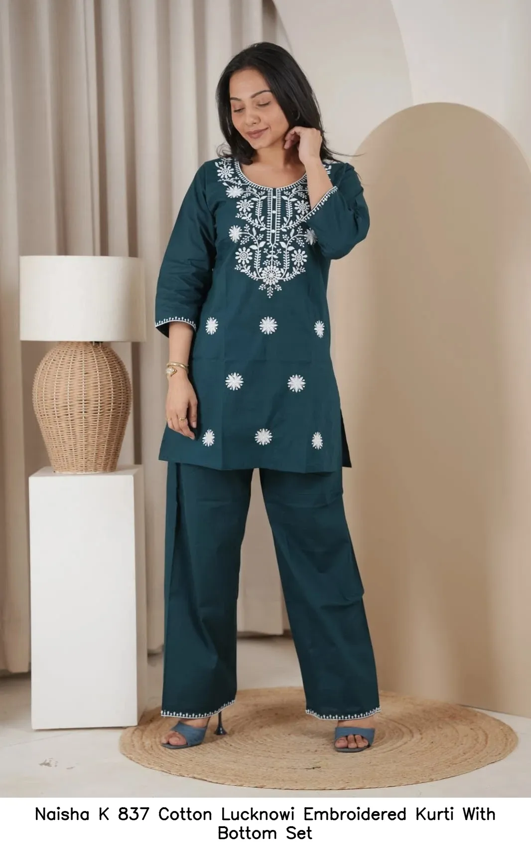 Naisha K 837 Cotton Lucknowi Embroidered Kurti With Bottom Set — Wholesale Cotton Kurti Pant Set, Naisha wholesale from Surat - Gallery Image 7