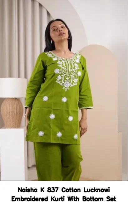 Naisha K 837 Cotton Lucknowi Embroidered Kurti With Bottom Set — Wholesale Cotton Kurti Pant Set, Naisha wholesale from Surat — view 8
