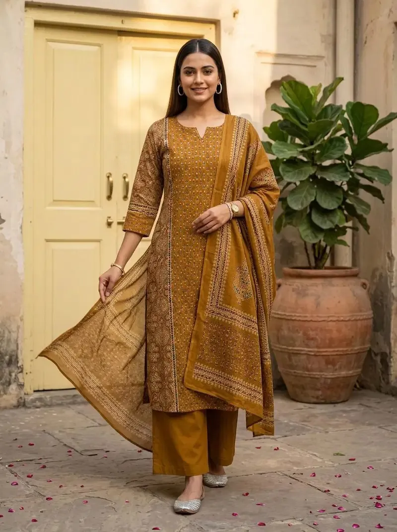 Naisha K 859 Cotton Fancy Worked Kurti With Bottom Dupatta Set