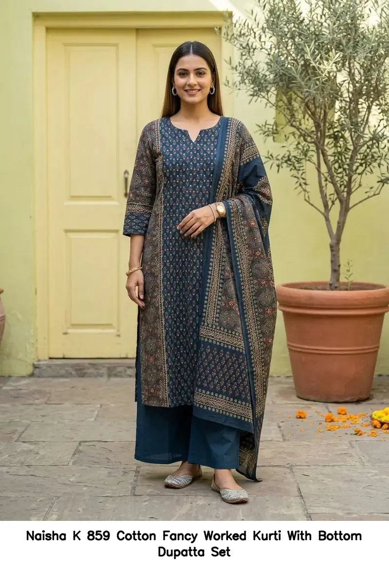 Naisha K 859 Cotton Fancy Worked Kurti With Bottom Dupatta Set — Designer Readymade Suits, Naisha wholesale from Surat - Gallery Image 2