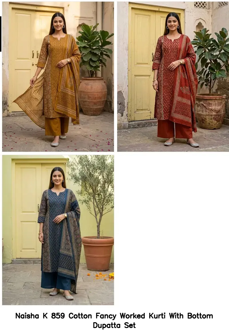Naisha K 859 Cotton Fancy Worked Kurti With Bottom Dupatta Set — Designer Readymade Suits, Naisha wholesale from Surat - Gallery Image 3