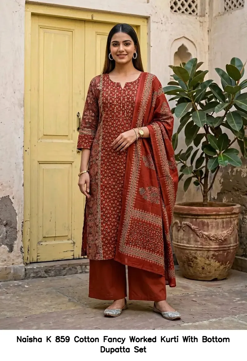 Naisha K 859 Cotton Fancy Worked Kurti With Bottom Dupatta Set — Designer Readymade Suits, Naisha wholesale from Surat — view 4