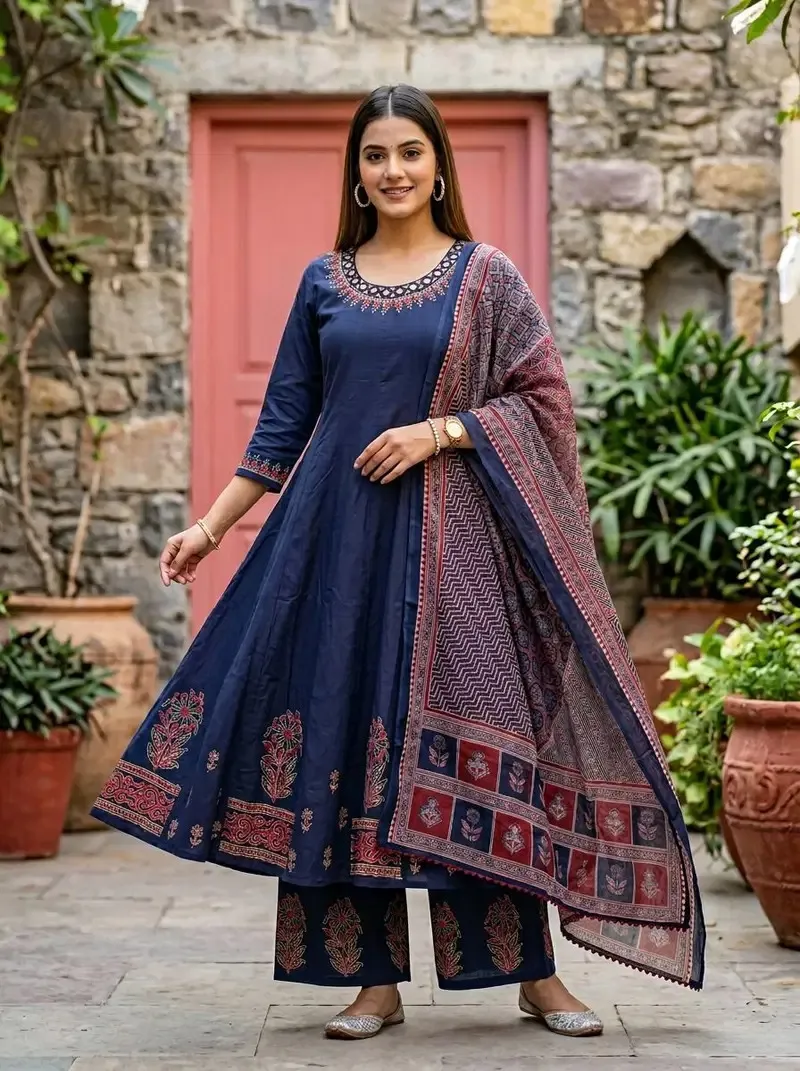 Naisha K 860 Cotton Hand Block Worked Kurti With Bottom Dupatta Set