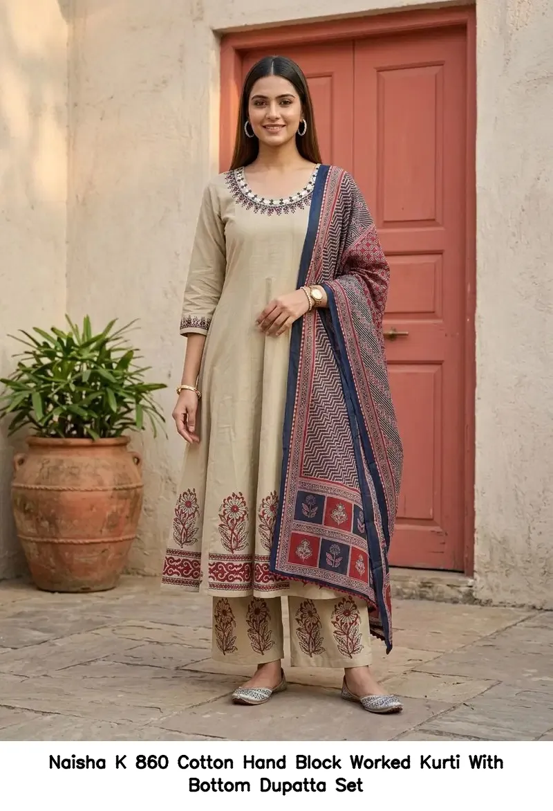 Naisha K 860 Cotton Hand Block Worked Kurti With Bottom Dupatta Set — Wholesale Readymade Suit, Naisha wholesale from Surat - Gallery Image 2