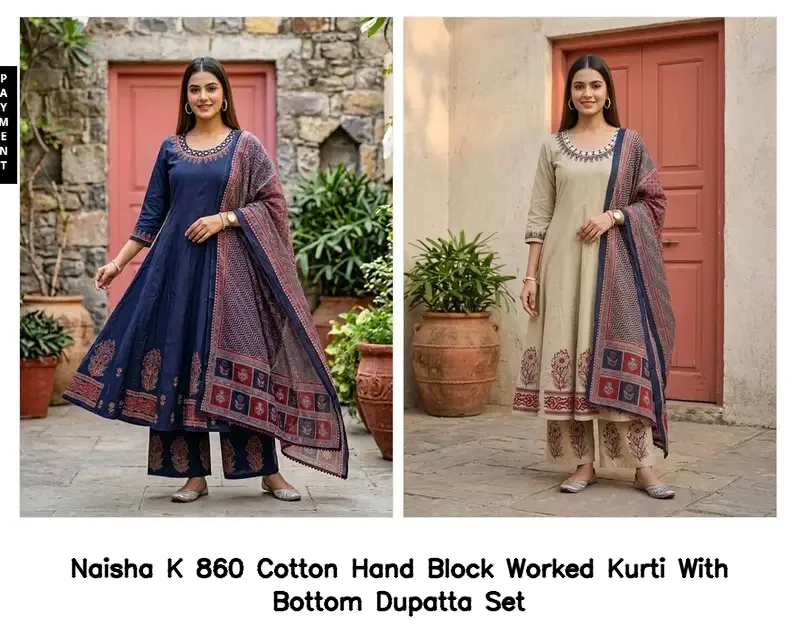 Naisha K 860 Cotton Hand Block Worked Kurti With Bottom Dupatta Set — Wholesale Readymade Suit, Naisha wholesale from Surat — view 3