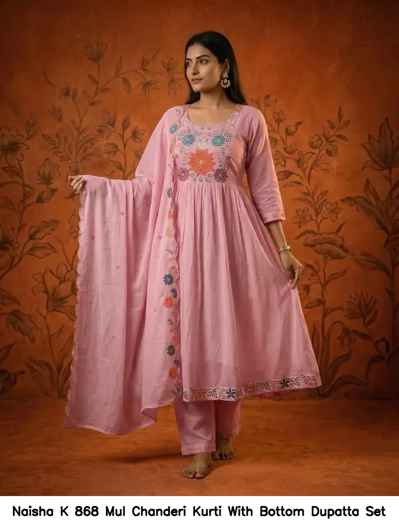 Naisha K 868 Mul Chanderi Kurti With Bottom Dupatta Set — Wholesale Kurti With Bottom Dupatta, Naisha wholesale from Surat - Gallery Image 2