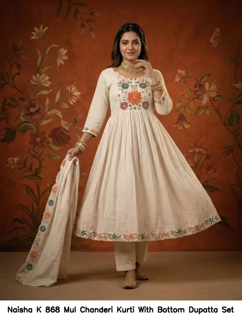 Naisha K 868 Mul Chanderi Kurti With Bottom Dupatta Set — Wholesale Kurti With Bottom Dupatta, Naisha wholesale from Surat - Gallery Image 3