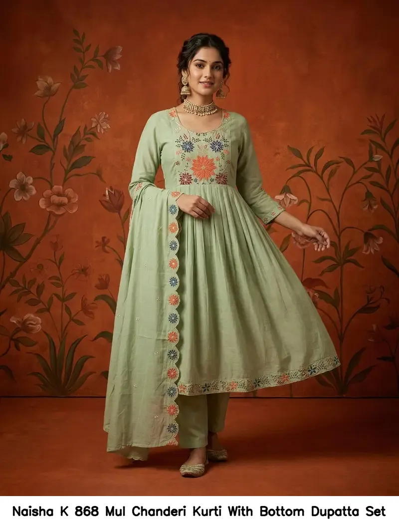 Naisha K 868 Mul Chanderi Kurti With Bottom Dupatta Set — Wholesale Kurti With Bottom Dupatta, Naisha wholesale from Surat - Gallery Image 4