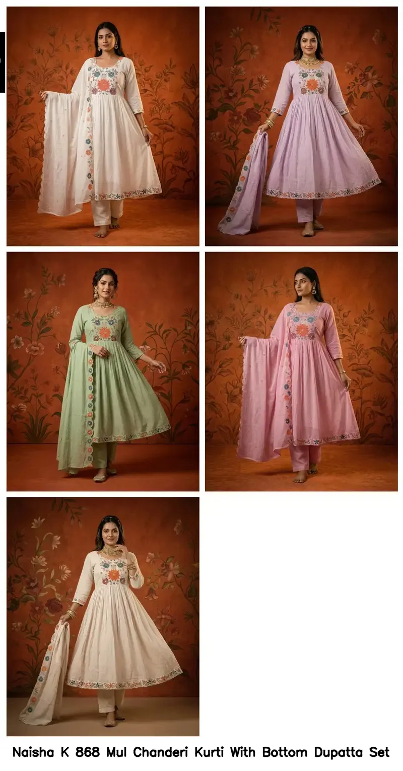 Naisha K 868 Mul Chanderi Kurti With Bottom Dupatta Set — Wholesale Kurti With Bottom Dupatta, Naisha wholesale from Surat - Gallery Image 5
