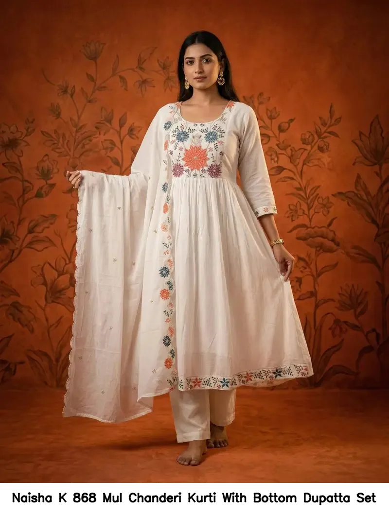 Naisha K 868 Mul Chanderi Kurti With Bottom Dupatta Set — Wholesale Kurti With Bottom Dupatta, Naisha wholesale from Surat — view 6