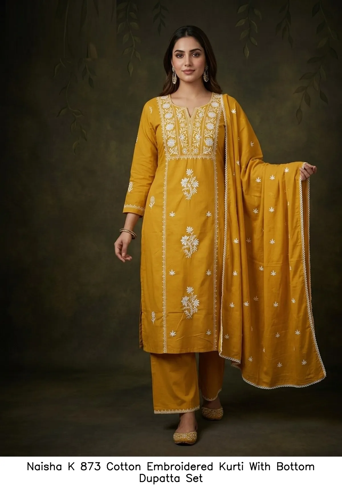Naisha K 873 Cotton Embroidered Kurti With Bottom Dupatta Set — Wholesale Readymade Suit, Naisha wholesale from Surat - Gallery Image 2
