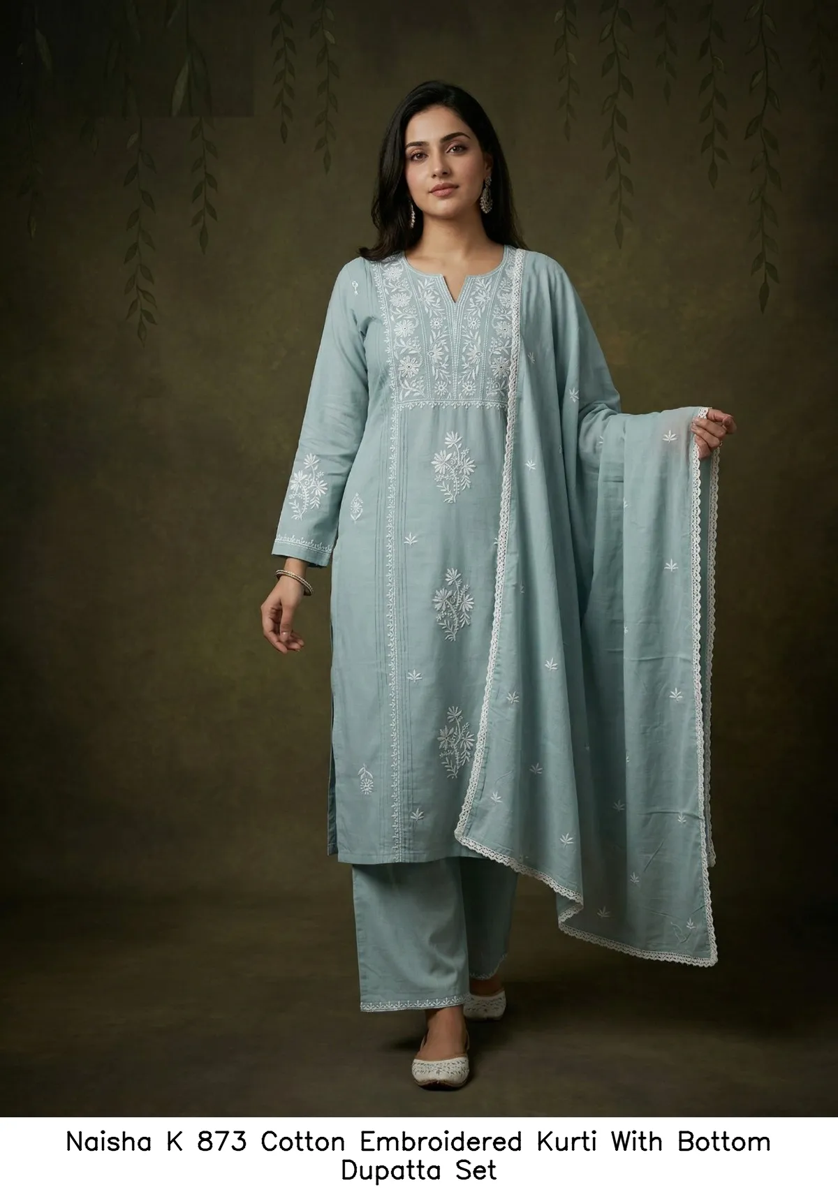Naisha K 873 Cotton Embroidered Kurti With Bottom Dupatta Set — Wholesale Readymade Suit, Naisha wholesale from Surat - Gallery Image 5