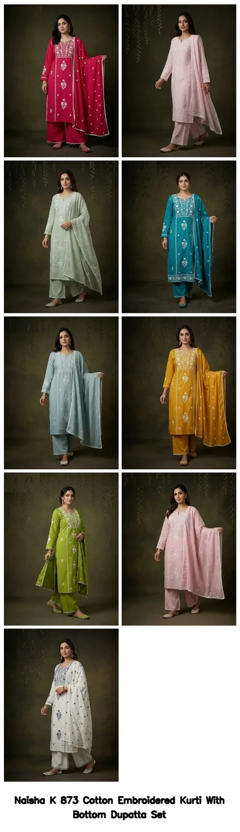 Naisha K 873 Cotton Embroidered Kurti With Bottom Dupatta Set — Wholesale Readymade Suit, Naisha wholesale from Surat - Gallery Image 6