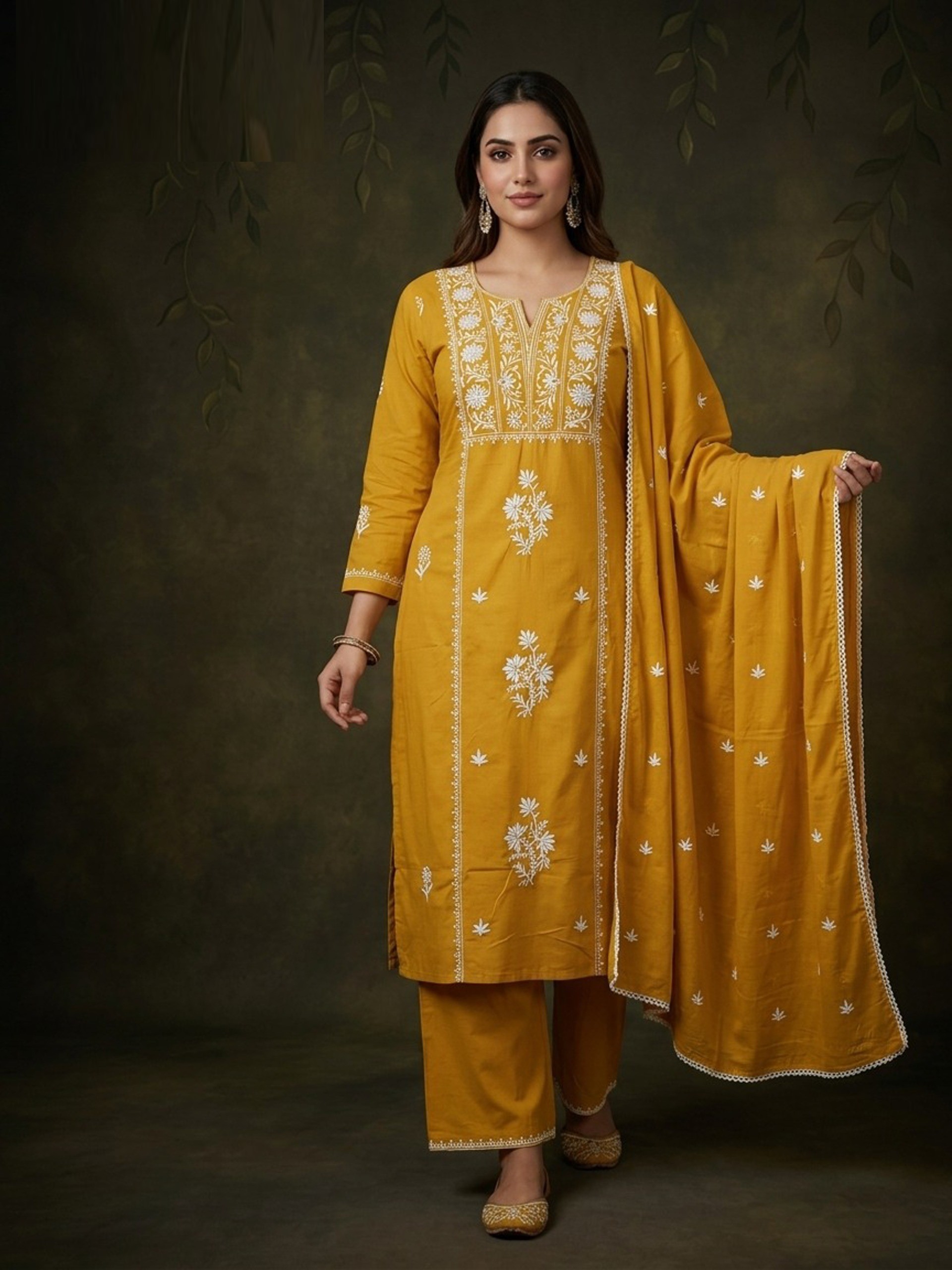 Naisha K 873 Cotton Embroidered Kurti With Bottom Dupatta Set