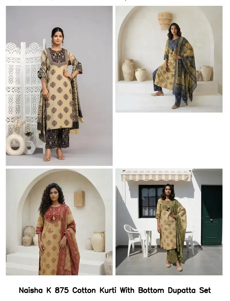 Naisha K 875 Cotton Kurti With Bottom Dupatta Set — Wholesale Cotton Kurti Pant Set, Naisha wholesale from Surat — view 2