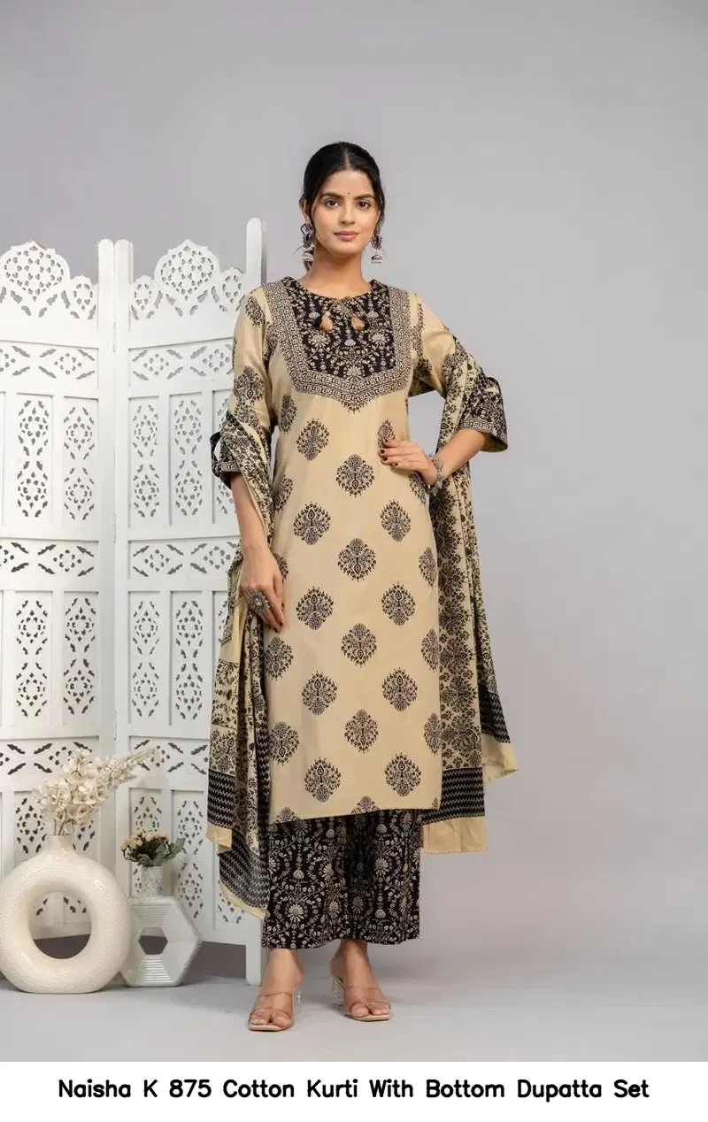 Naisha K 875 Cotton Kurti With Bottom Dupatta Set — Wholesale Cotton Kurti Pant Set, Naisha wholesale from Surat — view 3