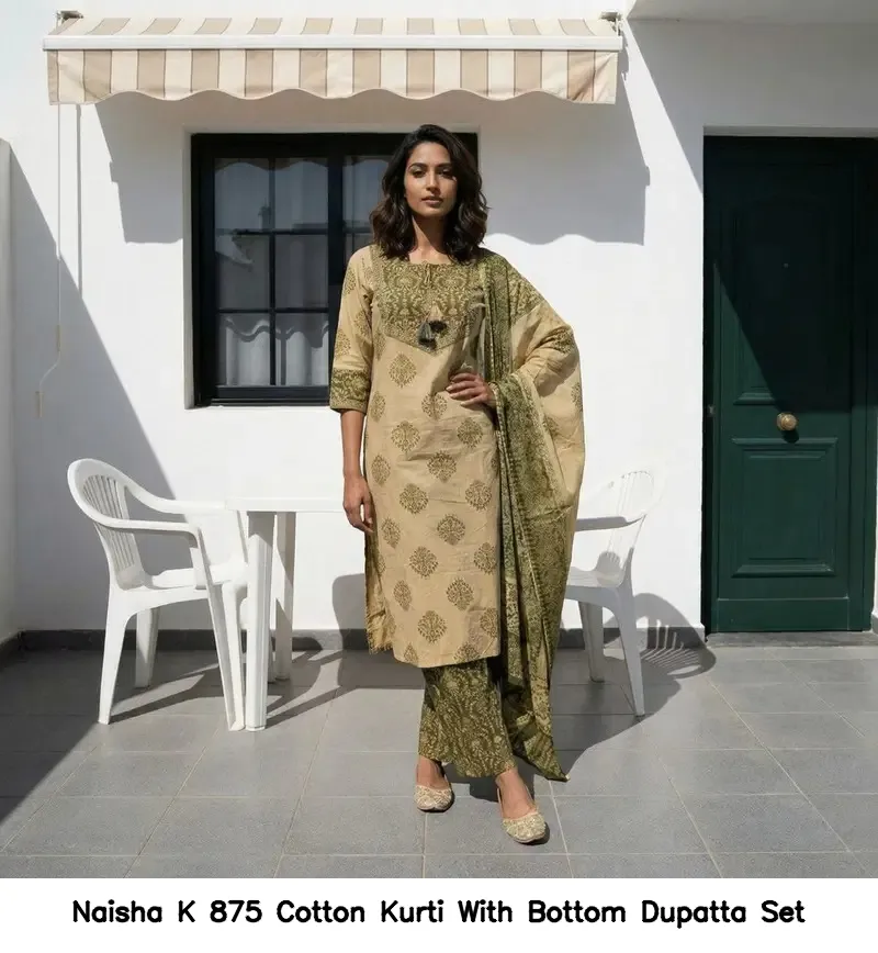 Naisha K 875 Cotton Kurti With Bottom Dupatta Set — Wholesale Cotton Kurti Pant Set, Naisha wholesale from Surat — view 4