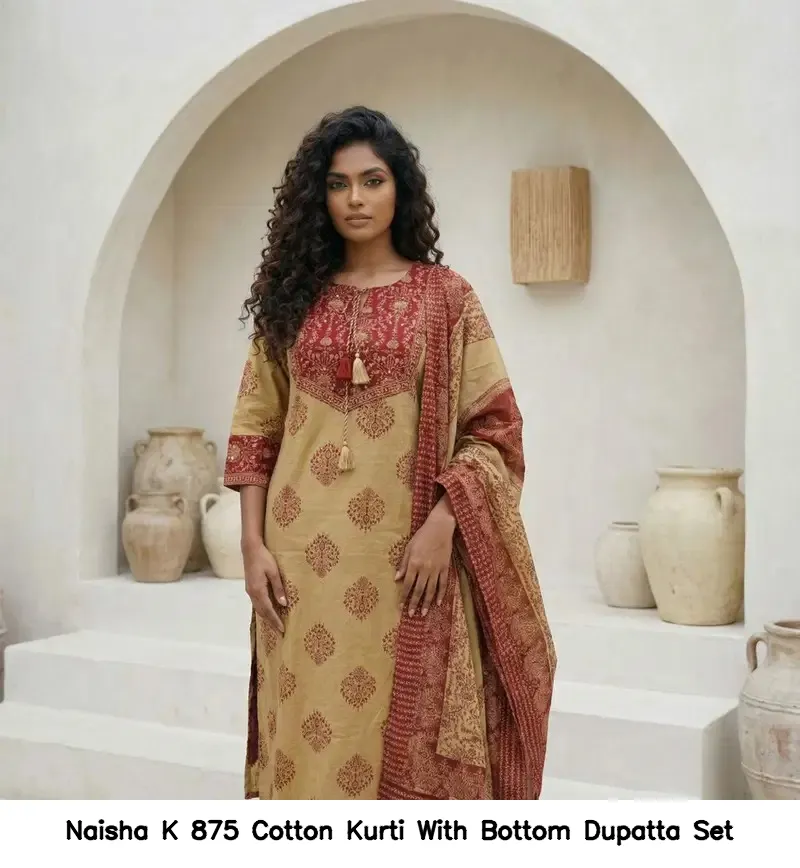 Naisha K 875 Cotton Kurti With Bottom Dupatta Set — Wholesale Cotton Kurti Pant Set, Naisha wholesale from Surat — view 5