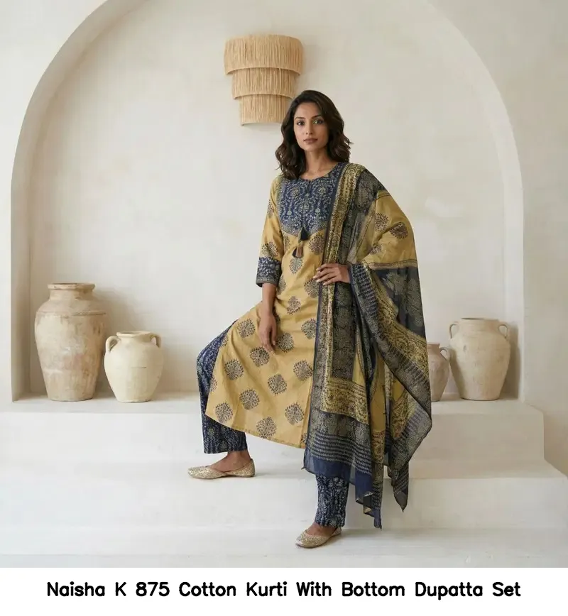 Naisha K 875 Cotton Kurti With Bottom Dupatta Set — Wholesale Cotton Kurti Pant Set, Naisha wholesale from Surat — view 6