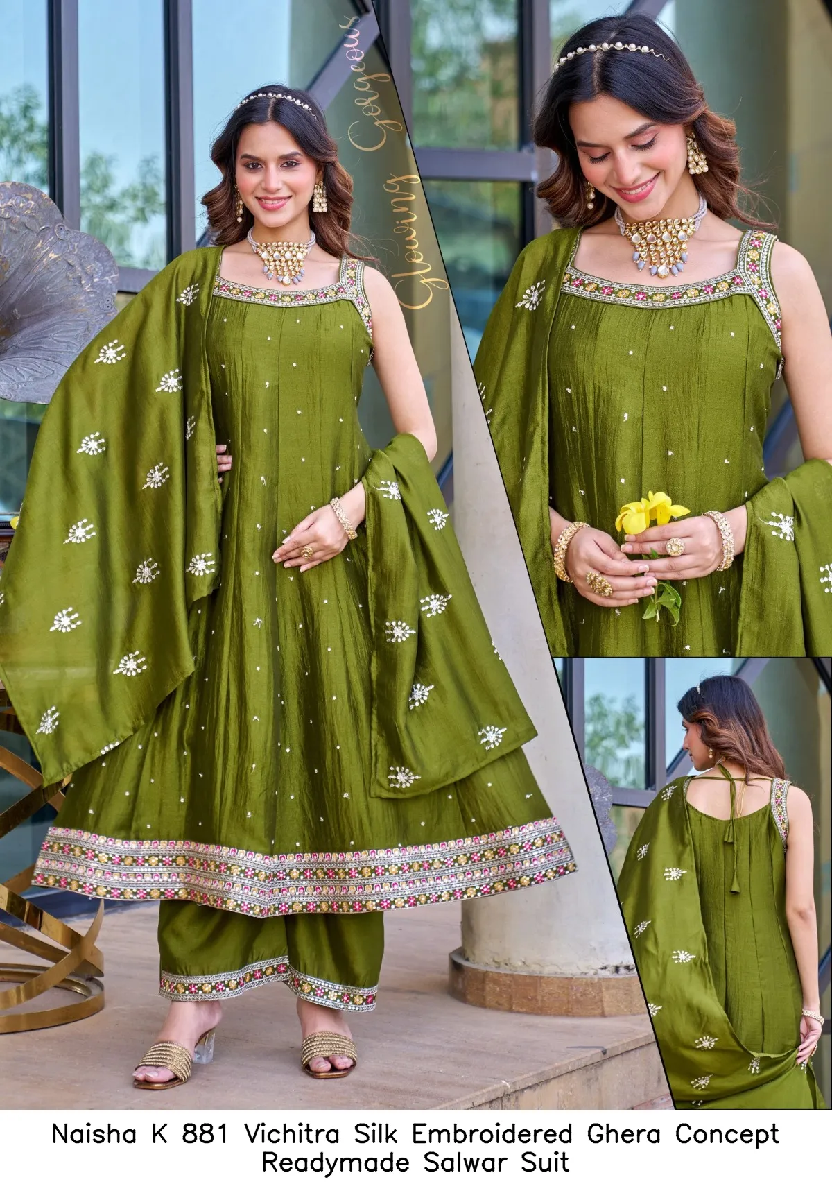 Naisha K 881 Vichitra Silk Embroidered Ghera Concept Readymade Salwar Suit — Wholesale Salwar Suits, Naisha wholesale from Surat - Gallery Image 3