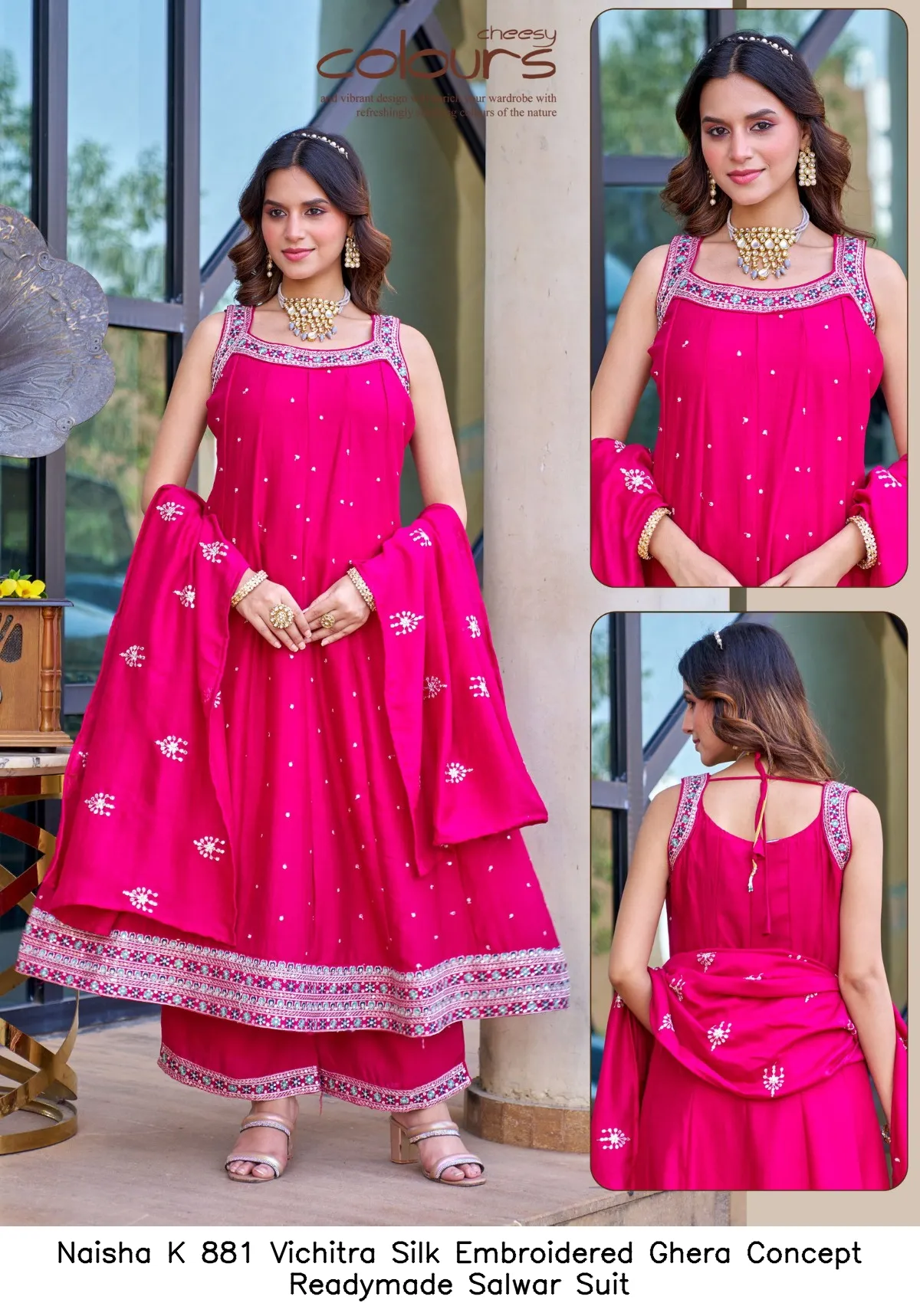 Naisha K 881 Vichitra Silk Embroidered Ghera Concept Readymade Salwar Suit — Wholesale Salwar Suits, Naisha wholesale from Surat - Gallery Image 4