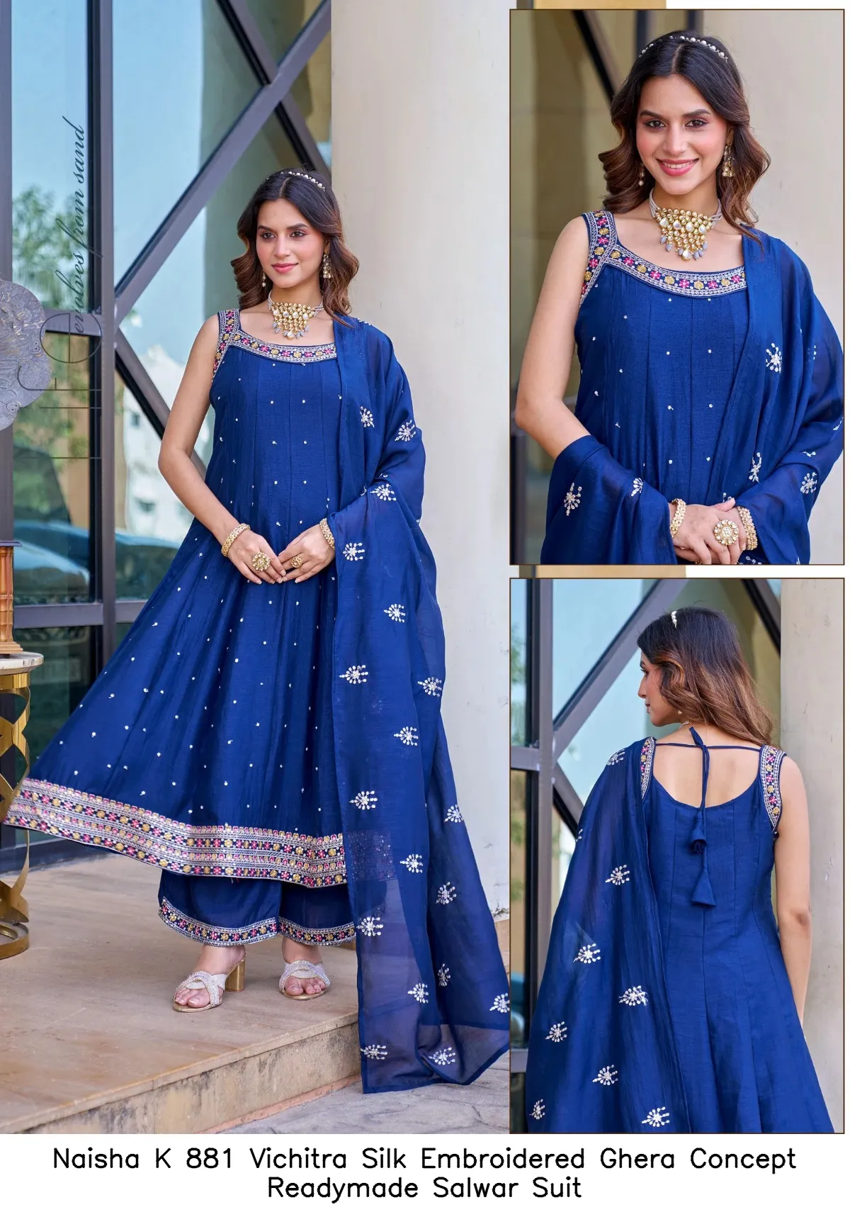 Naisha K 881 Vichitra Silk Embroidered Ghera Concept Readymade Salwar Suit — Wholesale Salwar Suits, Naisha wholesale from Surat - Gallery Image 5