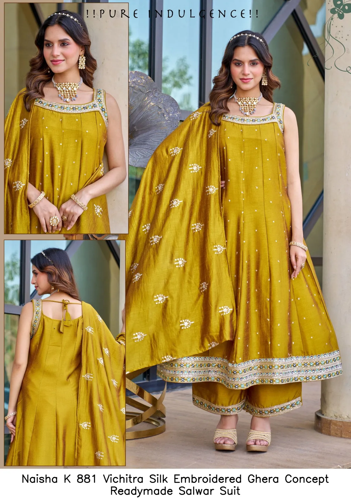 Naisha K 881 Vichitra Silk Embroidered Ghera Concept Readymade Salwar Suit — Wholesale Salwar Suits, Naisha wholesale from Surat — view 7