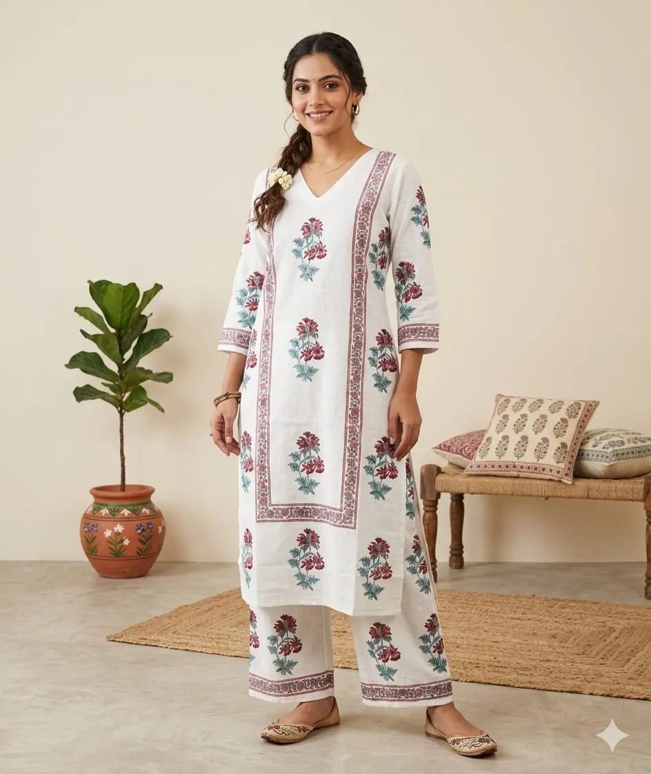 Naisha K 882 Cotton Slub Hand Block Printed Kurti With Bottom Set — Wholesale Cotton Kurti Pant Set, Naisha wholesale from Surat — view 1