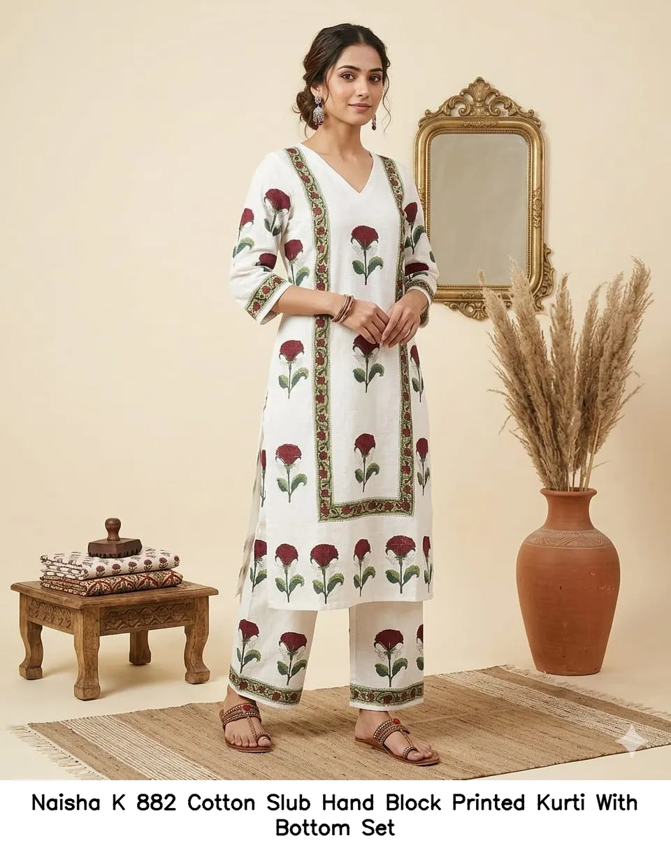 Naisha K 882 Cotton Slub Hand Block Printed Kurti With Bottom Set — Wholesale Cotton Kurti Pant Set, Naisha wholesale from Surat — view 2