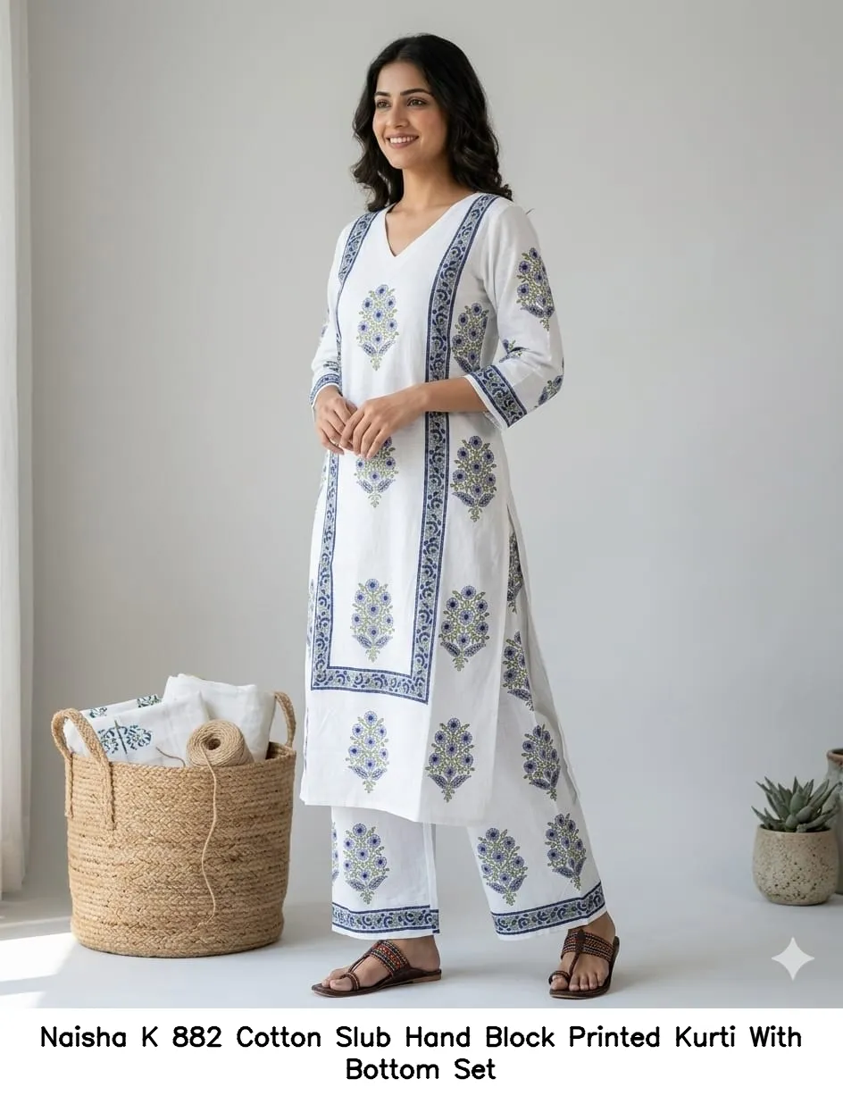Naisha K 882 Cotton Slub Hand Block Printed Kurti With Bottom Set — Wholesale Cotton Kurti Pant Set, Naisha wholesale from Surat — view 3