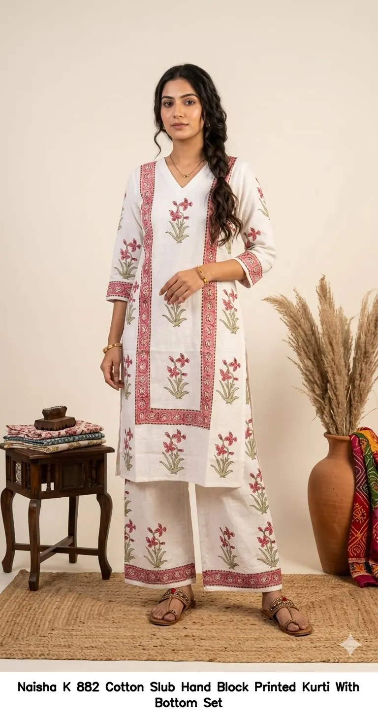 Naisha K 882 Cotton Slub Hand Block Printed Kurti With Bottom Set — Wholesale Cotton Kurti Pant Set, Naisha wholesale from Surat — view 4
