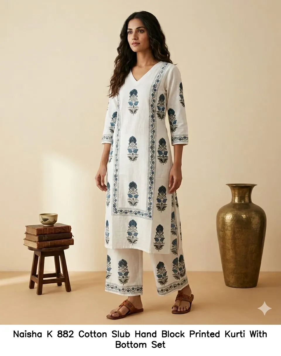 Naisha K 882 Cotton Slub Hand Block Printed Kurti With Bottom Set — Wholesale Cotton Kurti Pant Set, Naisha wholesale from Surat — view 5